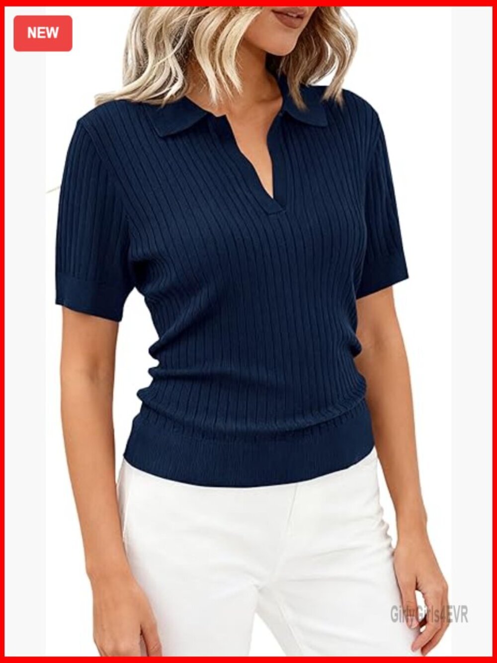 Short Sleeve Ribbed Knit V-Neck Polo Sweater Business Casual Top